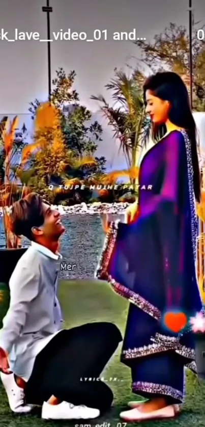 A romantic garden scene with a couple in traditional attire.