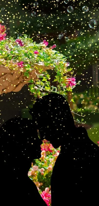 Silhouetted couple in vibrant flower garden scene.