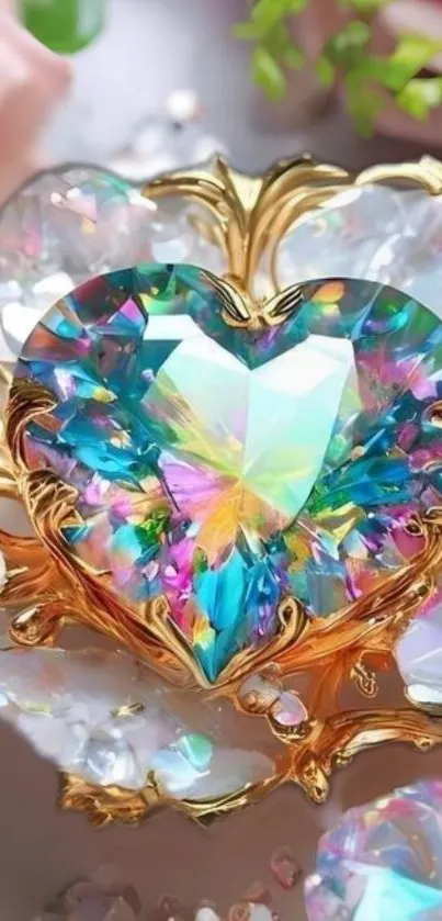 Heart-shaped colorful crystal with pink roses and gold accents.