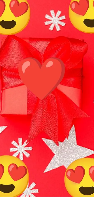 Red gift box with heart emojis and stars on a red background.