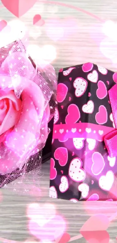 Romantic mobile wallpaper with pink hearts and a rose.