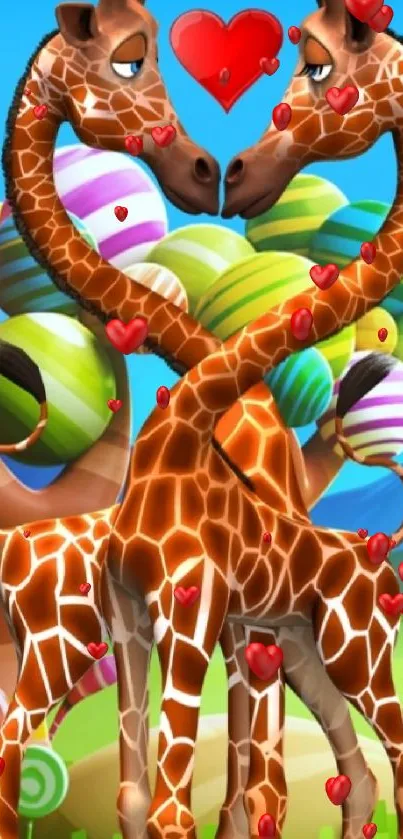 Two giraffes form a heart shape in a candy land setting.