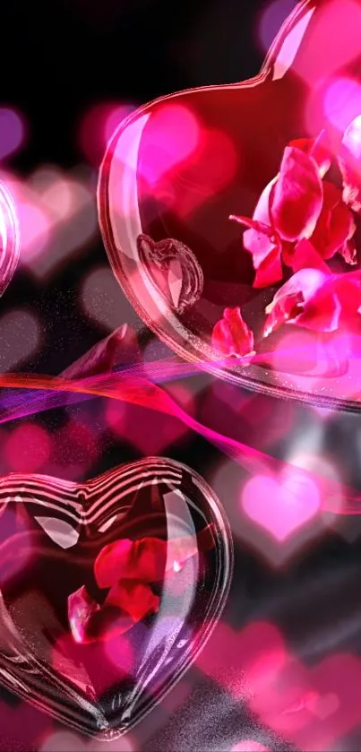 Elegant glass hearts on black reflective surface with romantic vibes.
