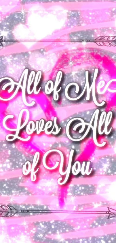 Romantic pink glitter heart with love quote on mobile wallpaper.