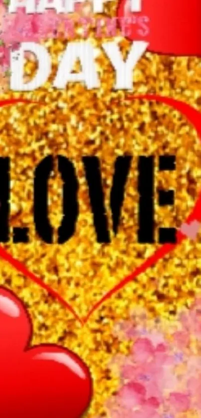 Romantic glitter love wallpaper with gold backdrop and red heart design.