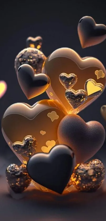 Romantic glowing heart design wallpaper with elegant golden hues.