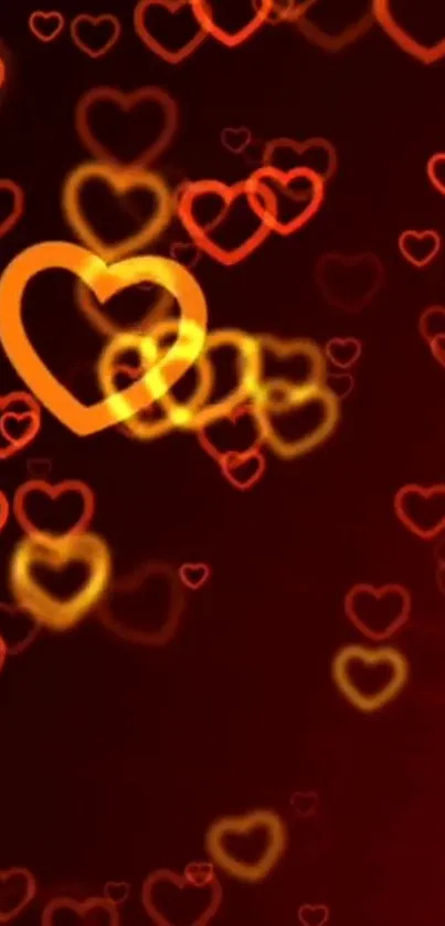 Romantic wallpaper with glowing red and orange hearts.