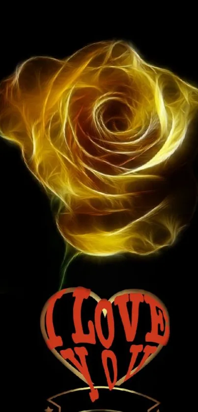 Romantic glowing rose with love heart on black background.