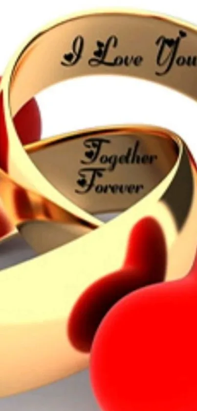 Romantic gold rings and red hearts wallpaper with love engravings.