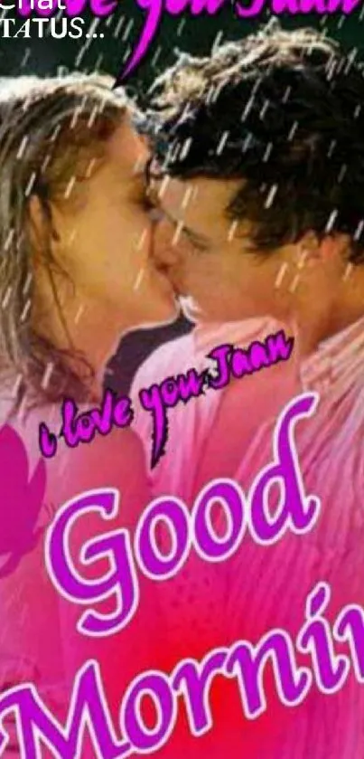 Couple kissing under rain with 'Good Morning' in pink text.