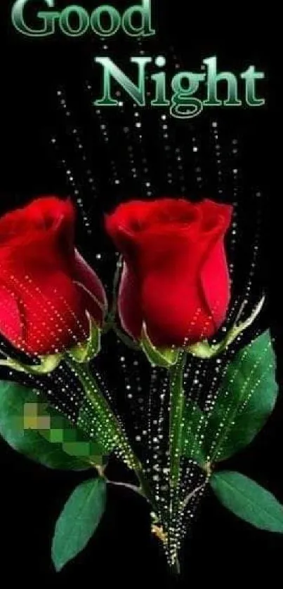 Romantic good night wallpaper with red roses on black background.