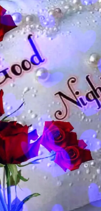 Good night pillow with red roses and pearls for a romantic theme.