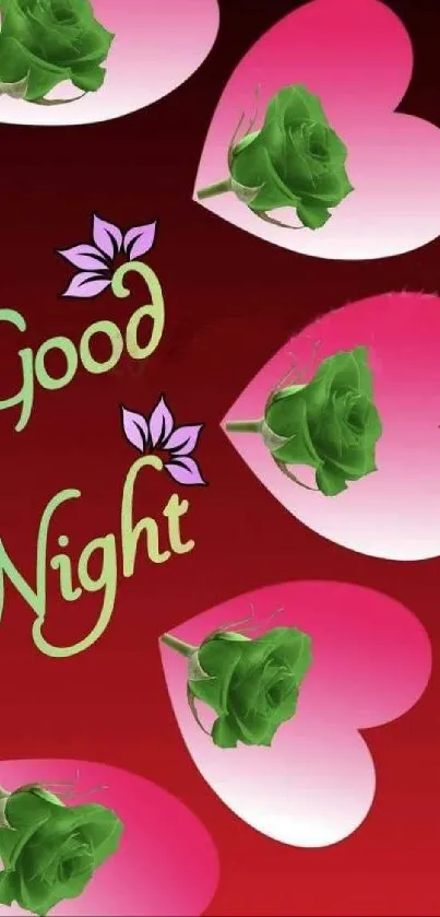 Romantic Good Night wallpaper with green roses and hearts.