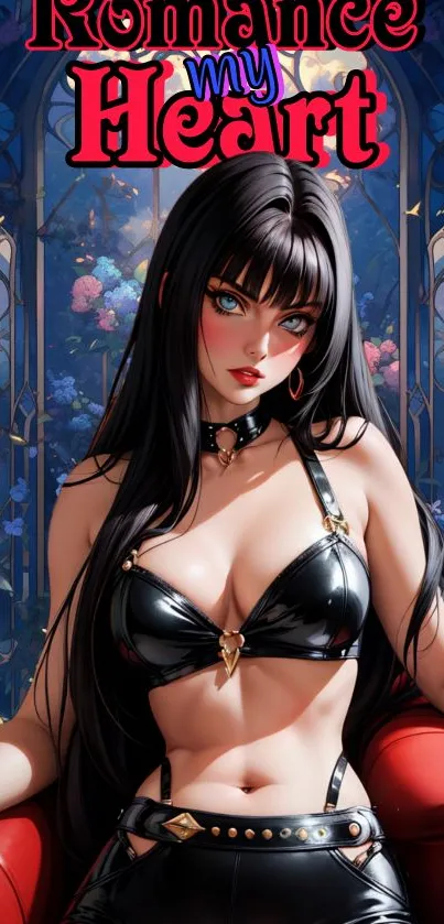 Gothic anime girl in leather outfit with floral background.