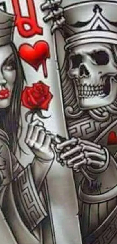 Gothic art wallpaper featuring a queen and skeleton holding a red rose.