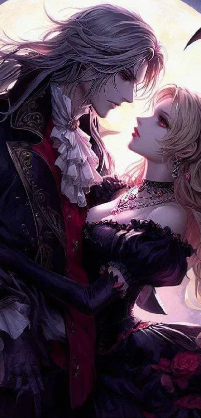 Romantic gothic couple embracing under moonlight.