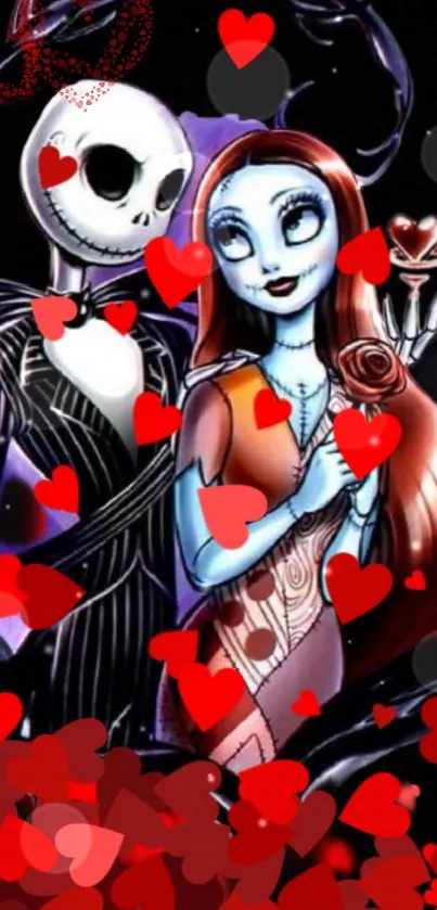 Gothic couple surrounded by hearts on a dark-themed mobile wallpaper.