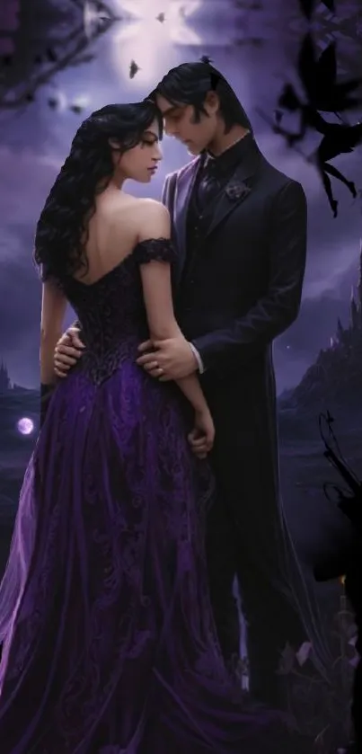 Gothic couple in a purple gown under moonlight with a dark castle backdrop.