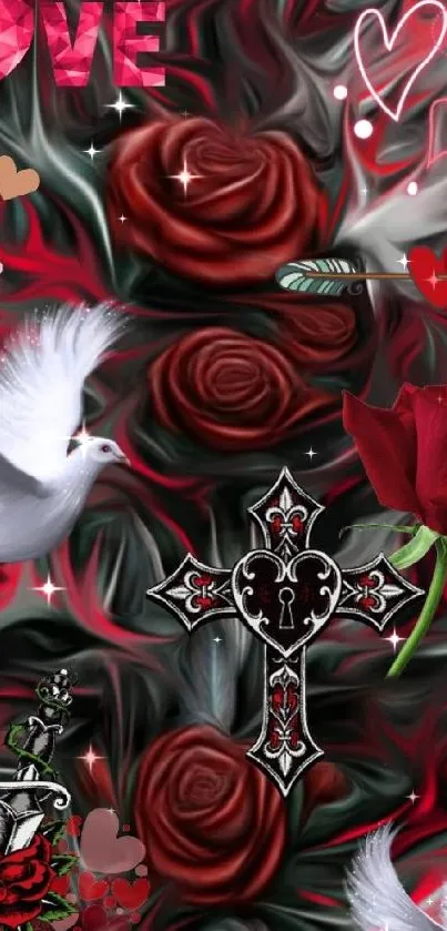 Romantic Gothic wallpaper with roses, doves, and cross.