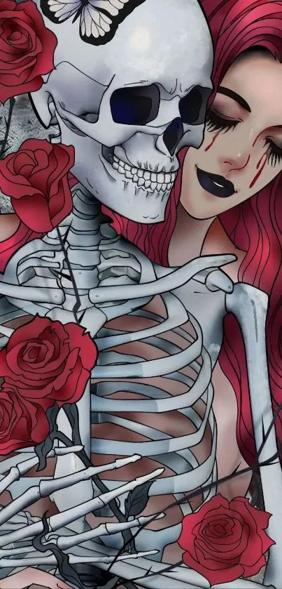 Gothic skeleton with red roses, artistic wallpaper design.