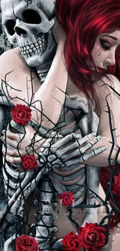 Gothic scene with skeleton and woman embraced with red roses.