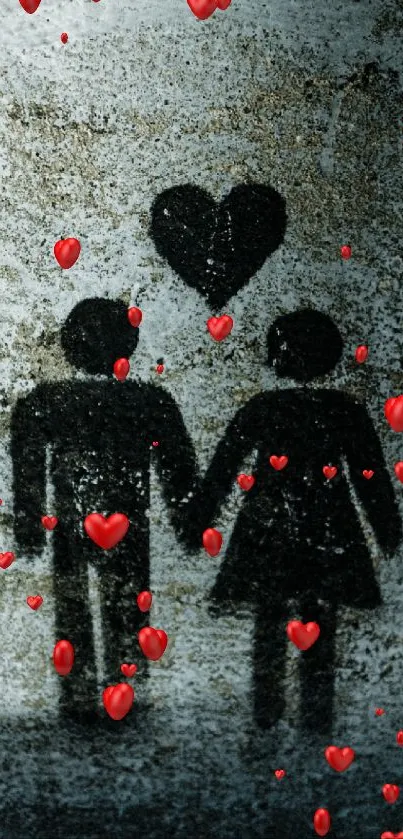 Romantic graffiti couple with heart art on a textured wall.