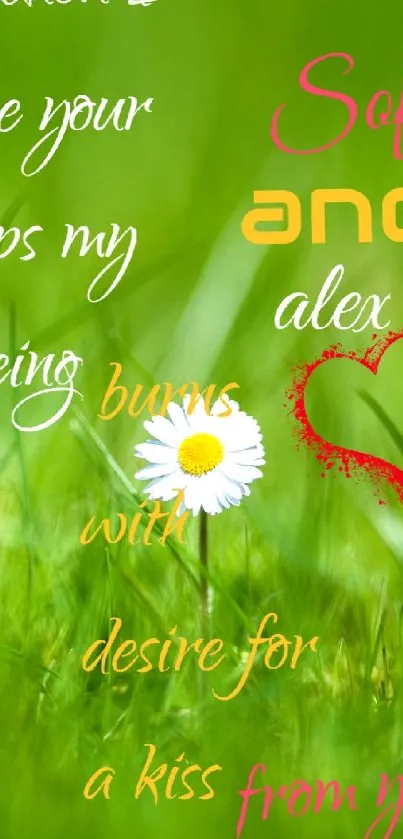 Romantic love-themed text on a green grass wallpaper with heart.