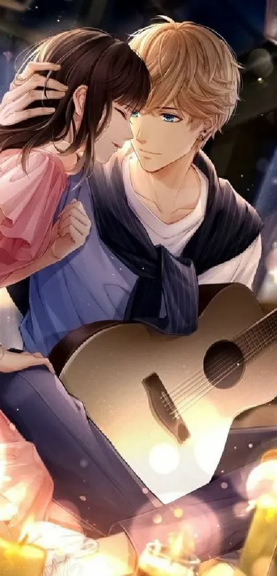 Romantic anime couple with guitar under lantern glow.