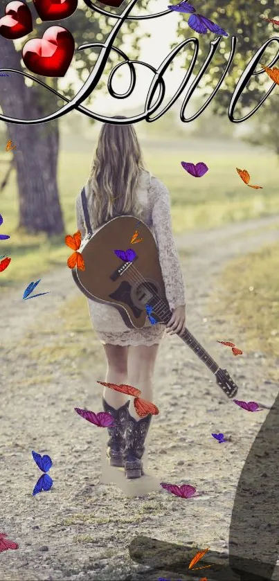 Woman with guitar on path, surrounded by butterflies and love-themed elements.