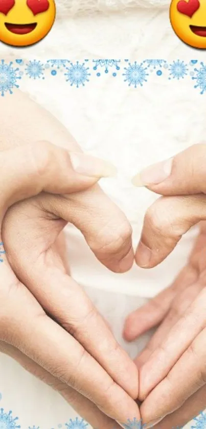 Hands forming heart with emoji and snowflake borders.