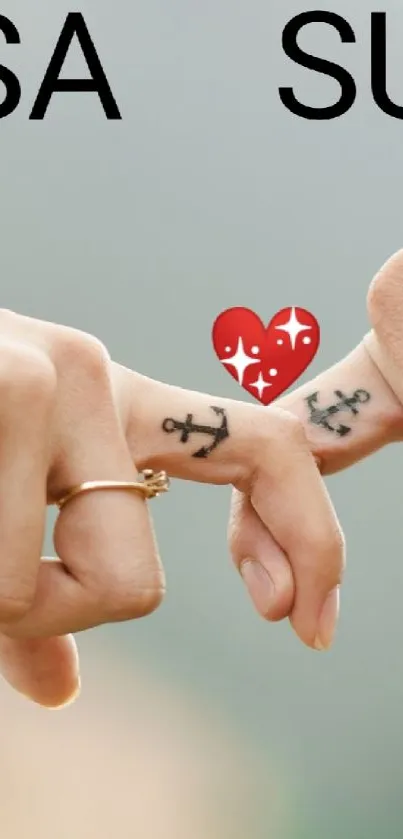 Romantic couple holding hands with heart tattoo.