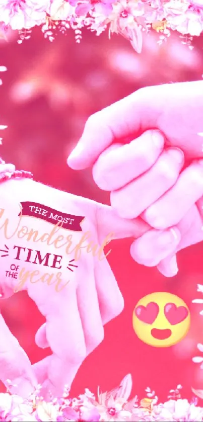 Romantic wallpaper with hand-holding, flowers, and a love emoji.