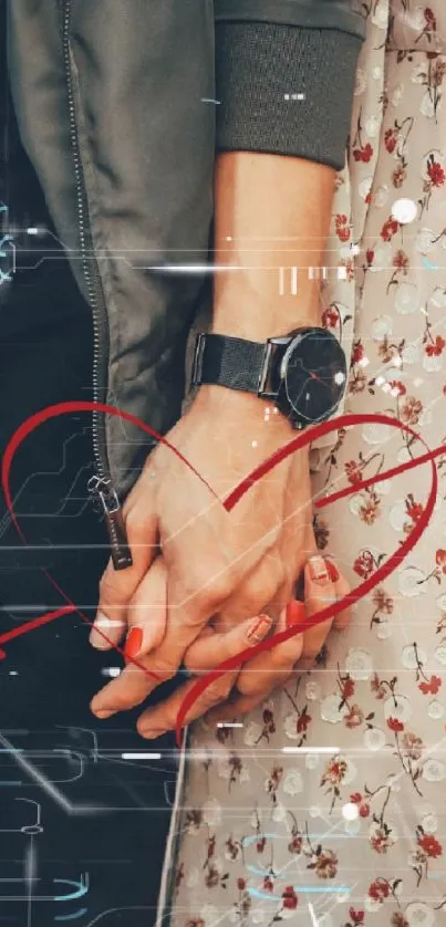 Romantic couple holding hands with a heart illustration on mobile wallpaper.