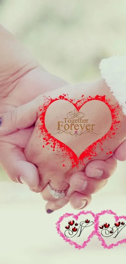 Romantic couple holding hands with heart design and 'Together Forever' message.