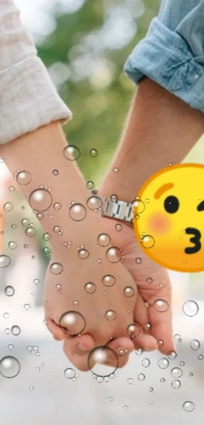 Romantic hand-holding image with emoji and bubbles.