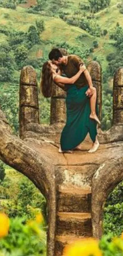 Couple embracing on giant hand sculpture amid lush greenery.