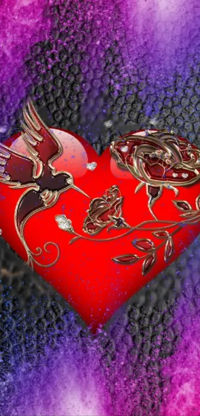 Red heart with bird on purple-black background.