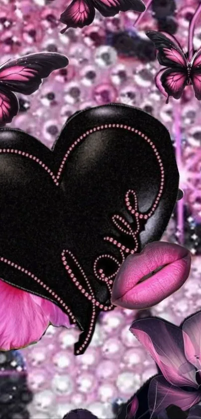 Black heart with pink butterflies and flowers.