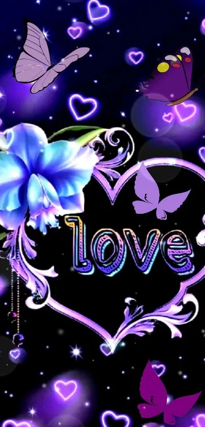 Romantic wallpaper with purple butterflies, heart, and flower.