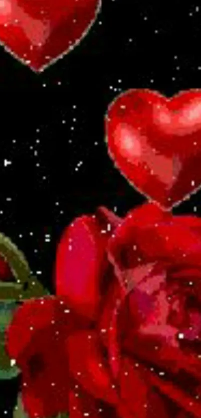 Romantic wallpaper with red hearts and a vivid red rose on a dark background.