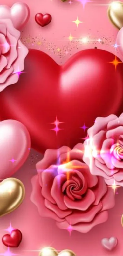 Romantic mobile wallpaper with hearts and pink roses.