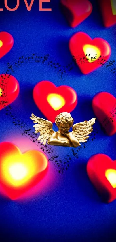 Romantic wallpaper with red hearts and a golden cherub on a blue background.