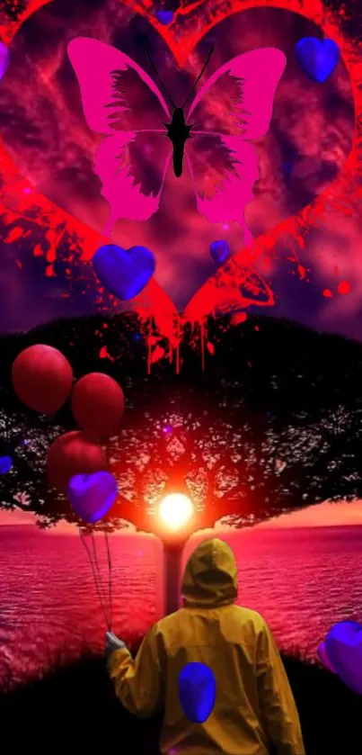 A romantic scene with a heart and balloons at sunset.