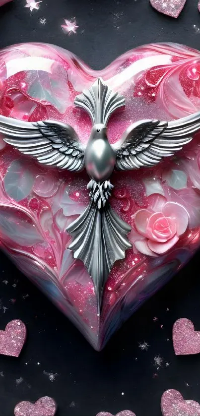 Heart-shaped design with silver bird and pink floral accents on a dark background.