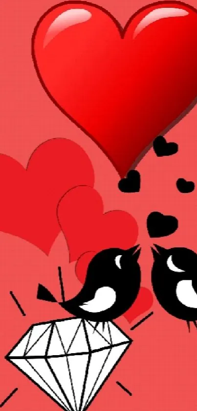 Romantic heart and love birds mobile wallpaper in red and black design.