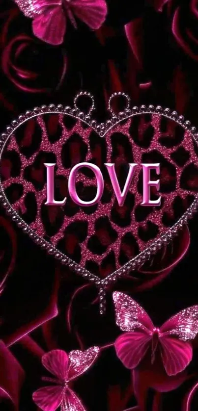 Heart-shaped love design with roses and butterflies.