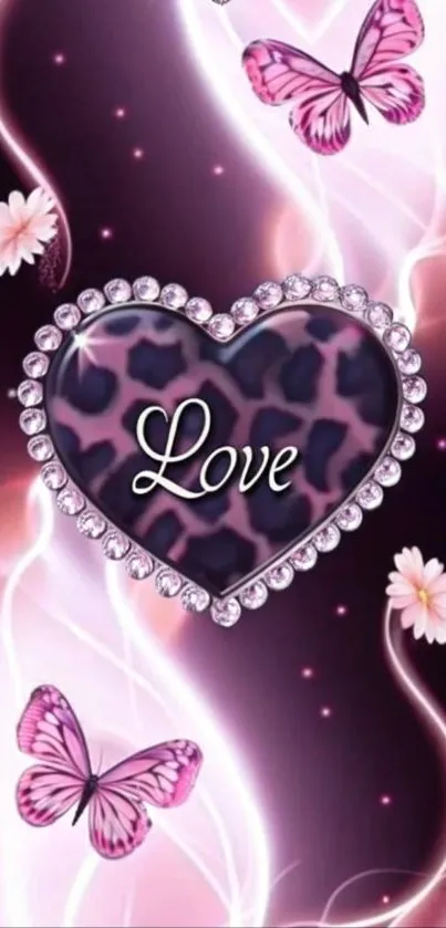 Heart-shaped jewel wallpaper with pink butterflies.