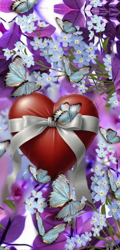 Romantic wallpaper with heart, butterflies, and purple flowers.