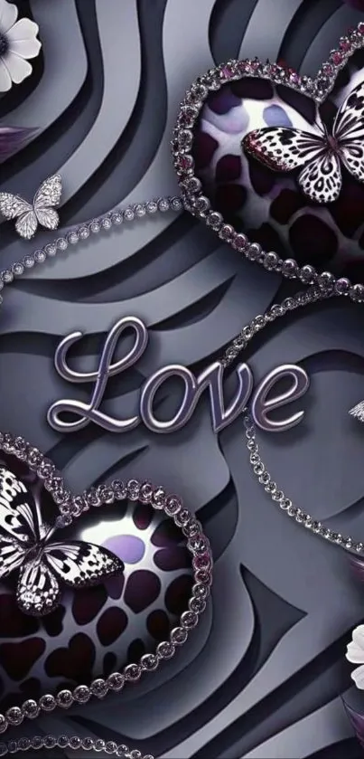 Romantic wallpaper with hearts and butterflies.