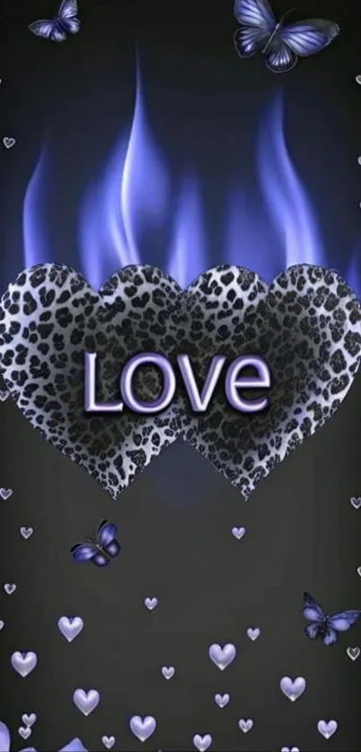 Purple cheetah print heart with butterflies wallpaper